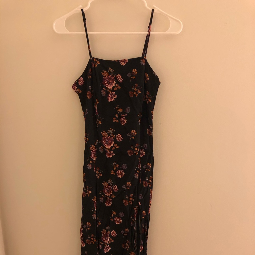 F21 Black Floral Midi Dress with Side Slits S